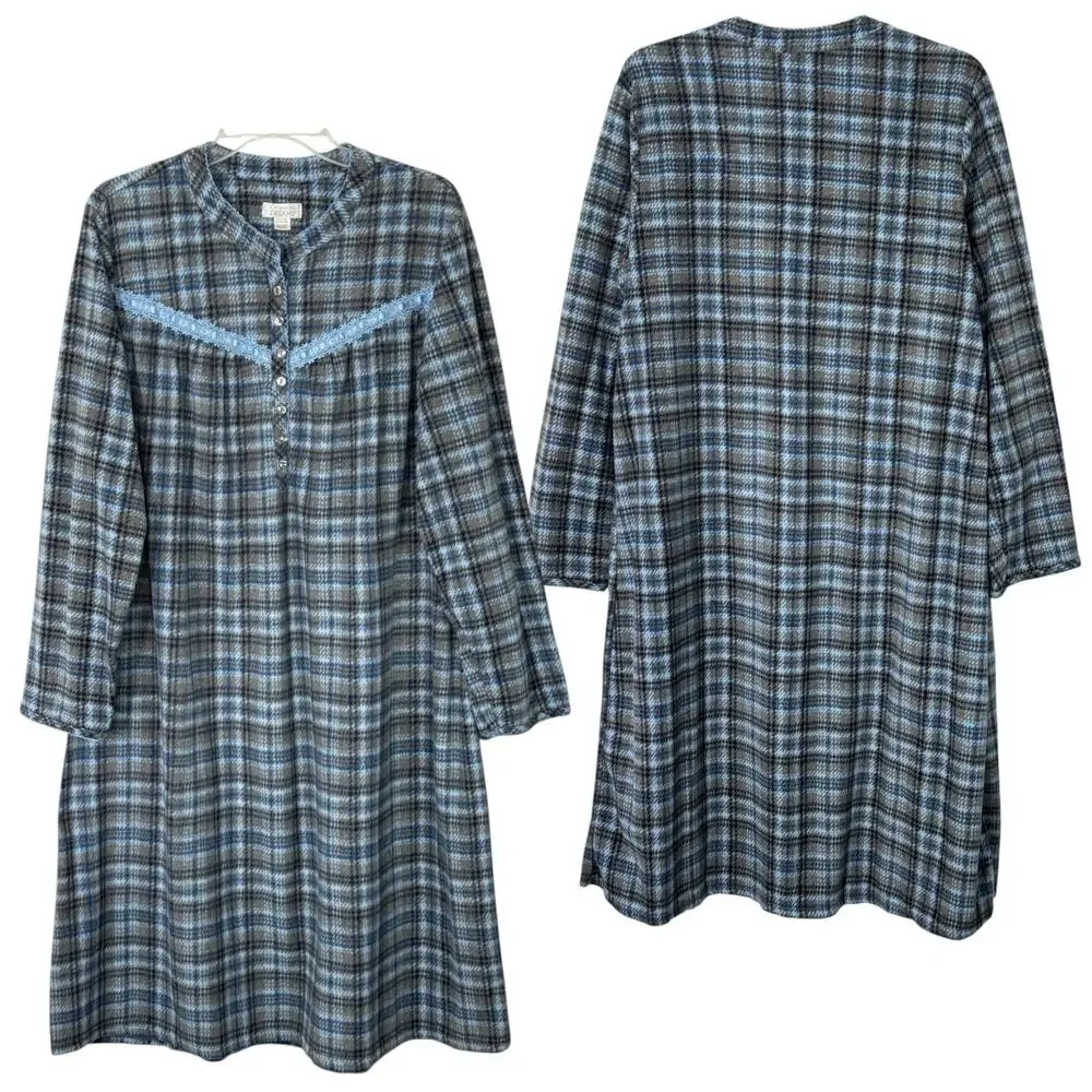 Vintage Fleece Nightgown Blue Plaid Plus Size 2X Grandmacore Cottagecore